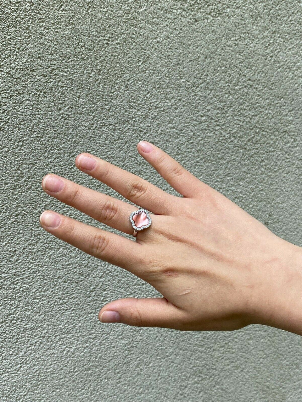 HarlemBling Real 925 Silver Four Leaf Clover Pink Pearl Ring Necklace and Earrings Ladies Set