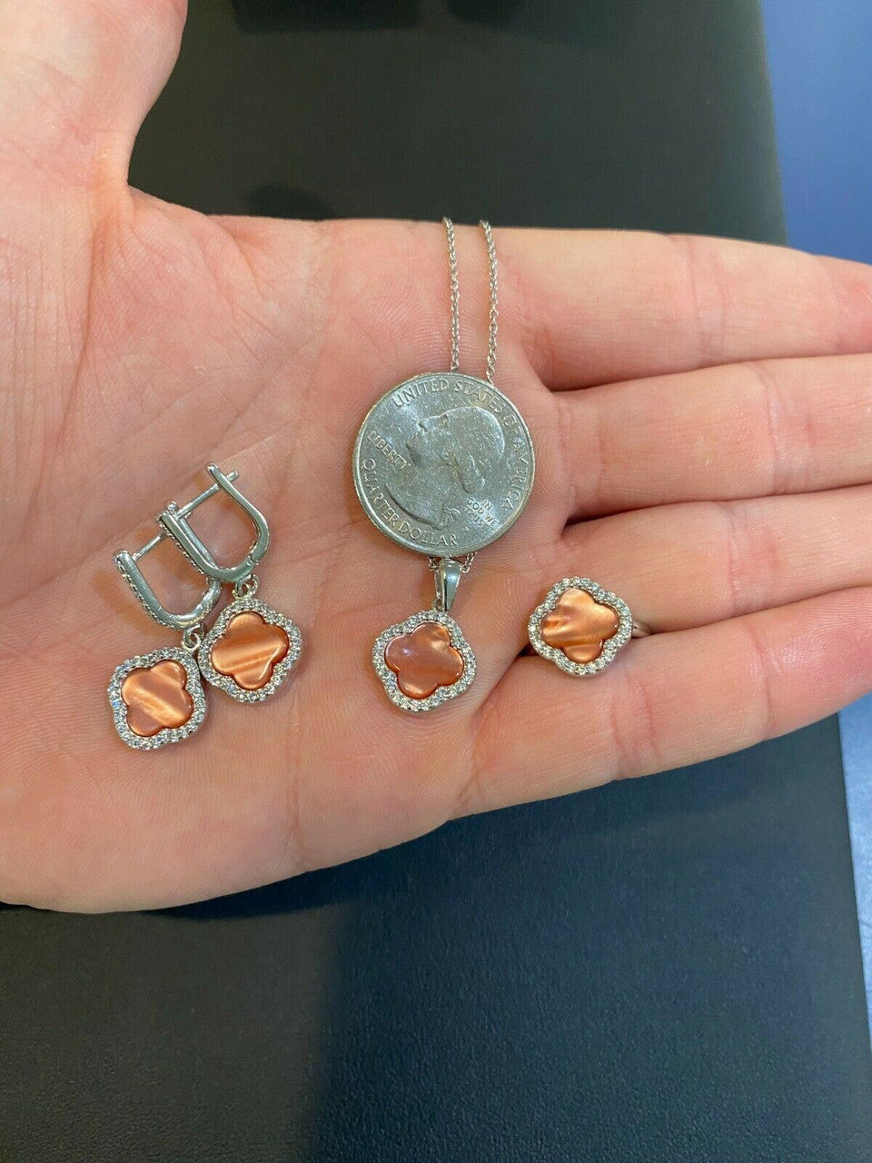 HarlemBling Real 925 Silver Four Leaf Clover Pink Pearl Ring Necklace and Earrings Ladies Set