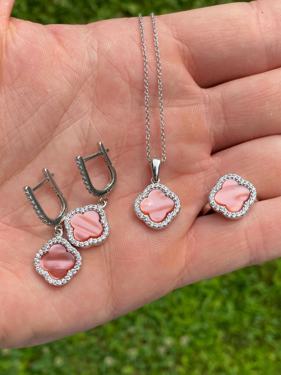 HarlemBling Real 925 Silver Four Leaf Clover Pink Pearl Ring Necklace and Earrings Ladies Set