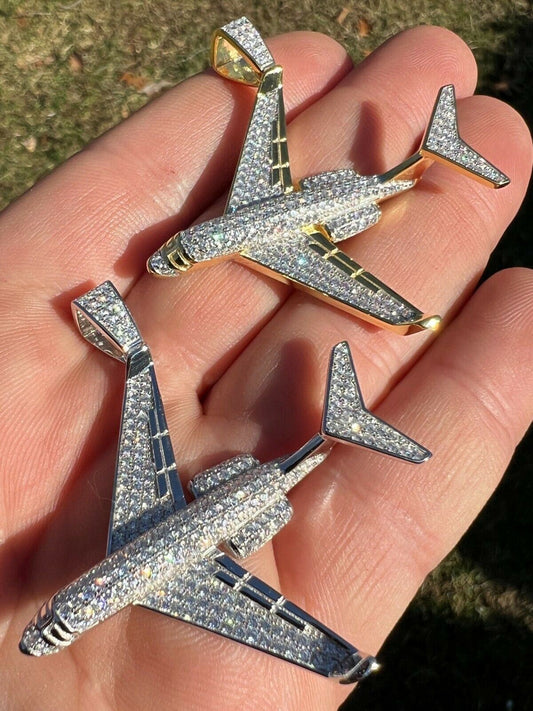 HarlemBling Real 925 Silver Gold Bling Out Iced Airplane Hip Hop Pendant Necklace Air Plane