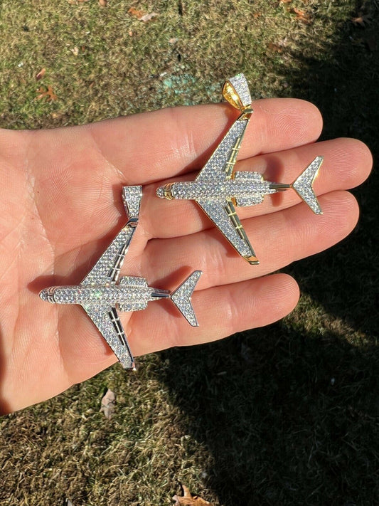 HarlemBling Real 925 Silver Gold Bling Out Iced Airplane Hip Hop Pendant Necklace Air Plane