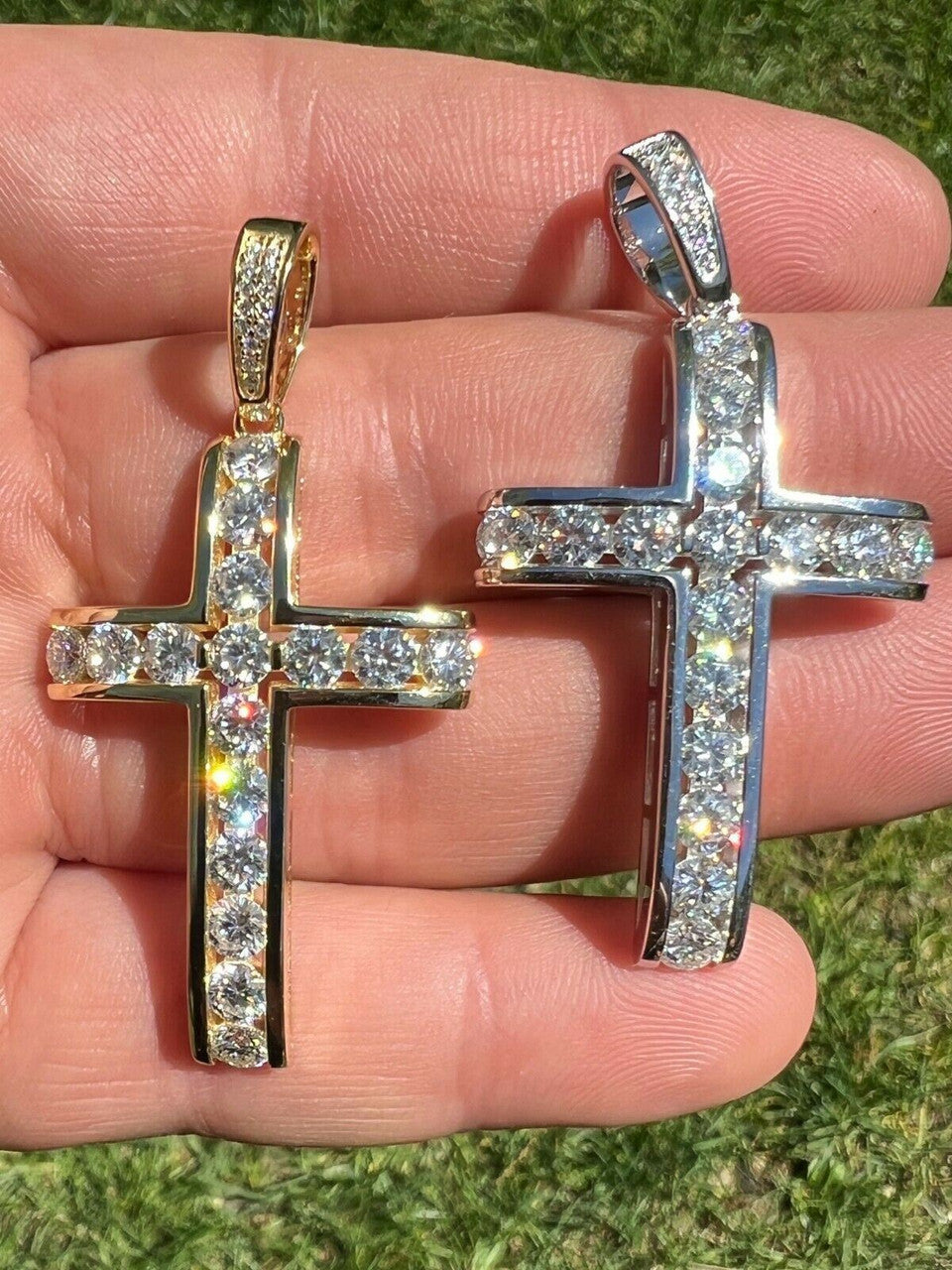 Real 925 Silver Gold Iced Channel Set Mens Hip Hop Tennis Cross