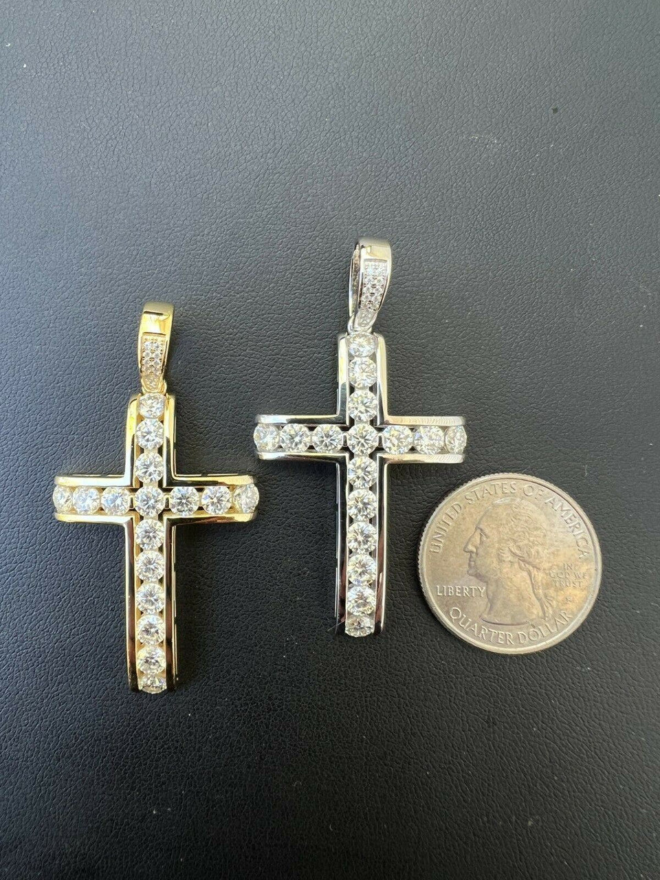 Real 925 Silver Gold Iced Channel Set Mens Hip Hop Tennis Cross