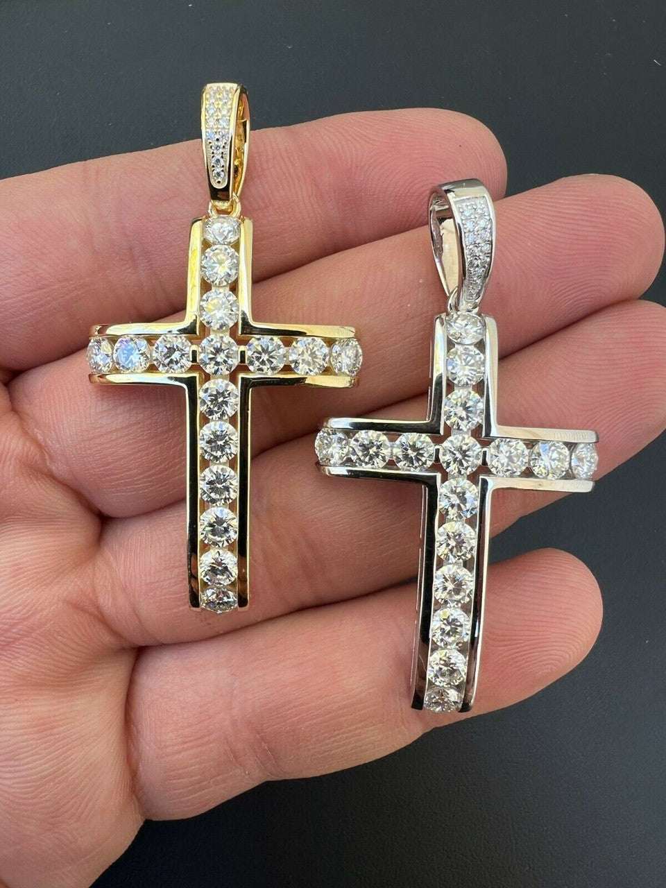 Real 925 Silver Gold Iced Channel Set Mens Hip Hop Tennis Cross