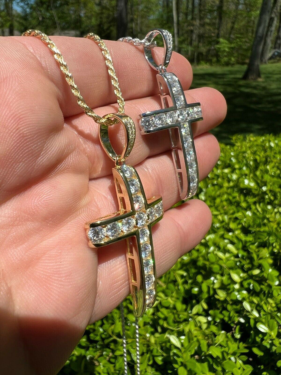 Real 925 Silver Gold Iced Channel Set Mens Hip Hop Tennis Cross