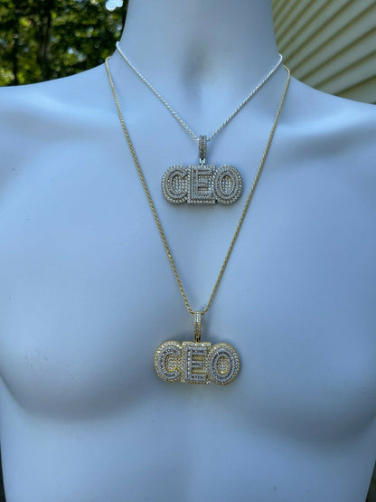 HarlemBling Real 925 Silver / Gold Large Iced Baguette Diamond CEO Big Boss Necklace Pendant