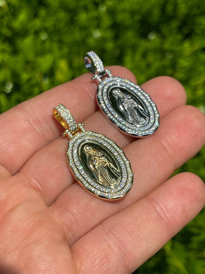 HarlemBling Real 925 Silver / Gold MOISSANITE Virgin Mary Necklace Pendant Iced Medallion