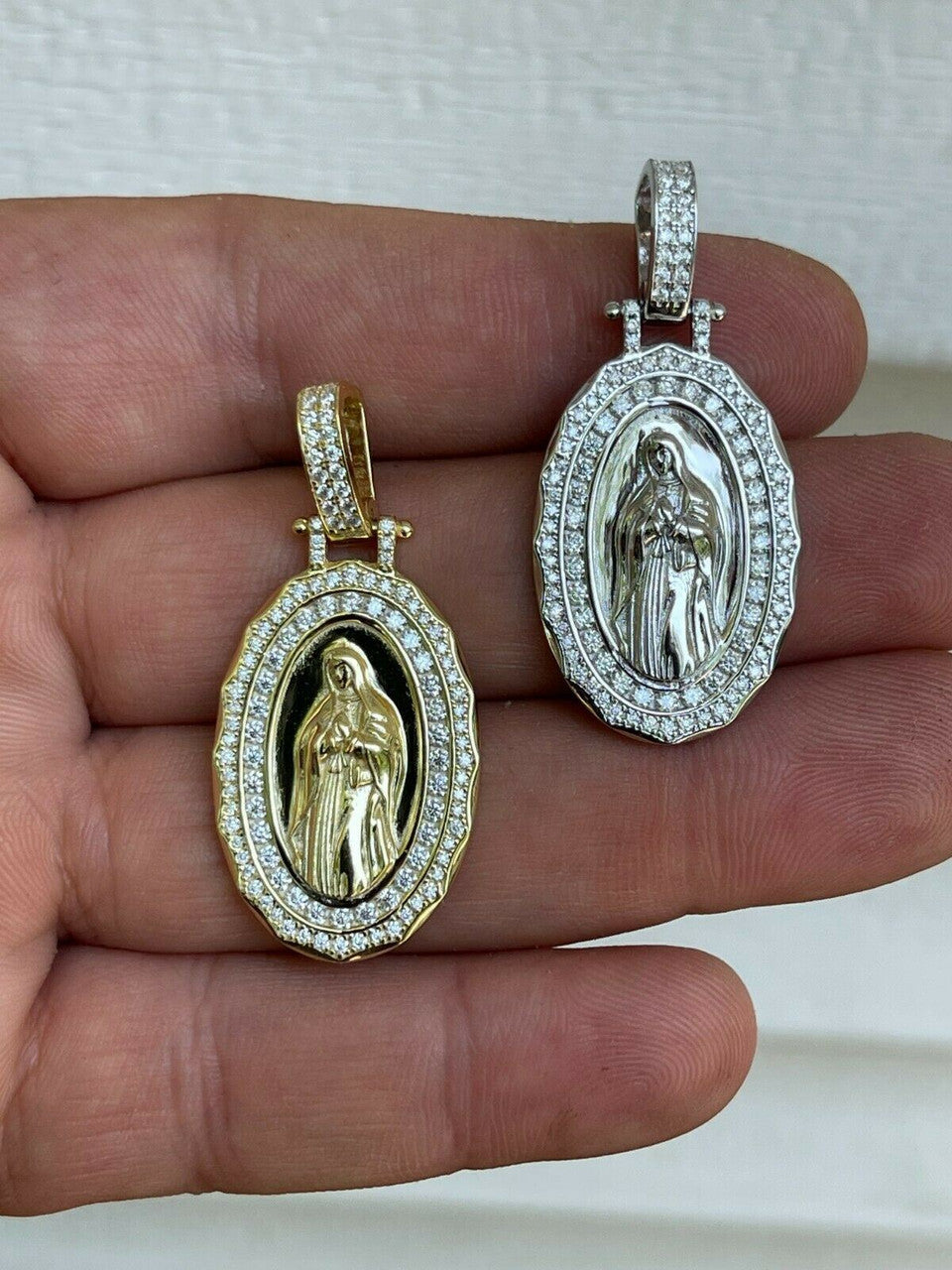 HarlemBling Real 925 Silver / Gold MOISSANITE Virgin Mary Necklace Pendant Iced Medallion
