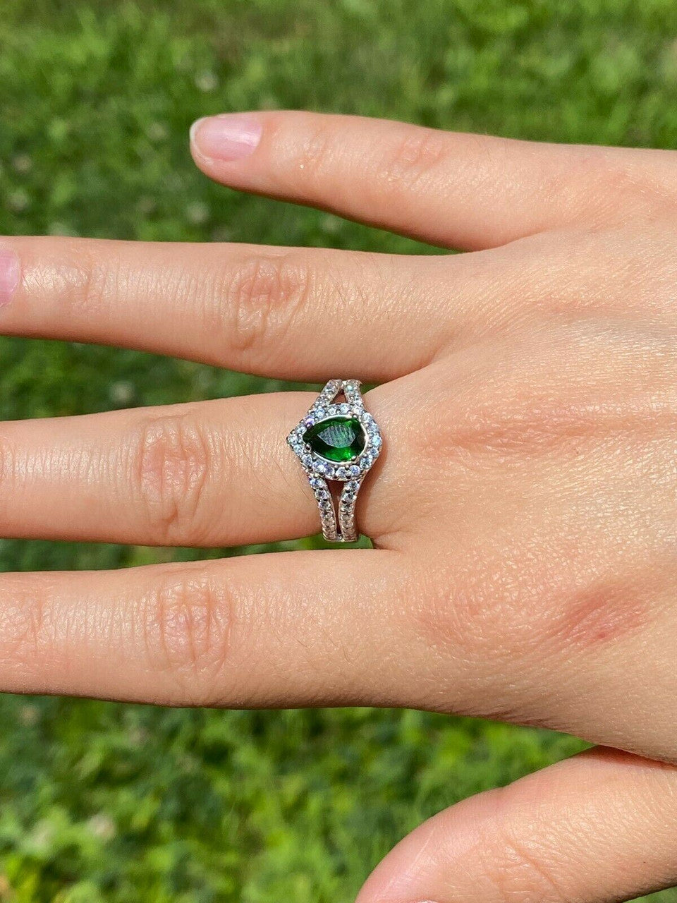 HarlemBling Real 925 Silver Green Pear Emerald Diamond Ring Pendant Necklace Earrings Set