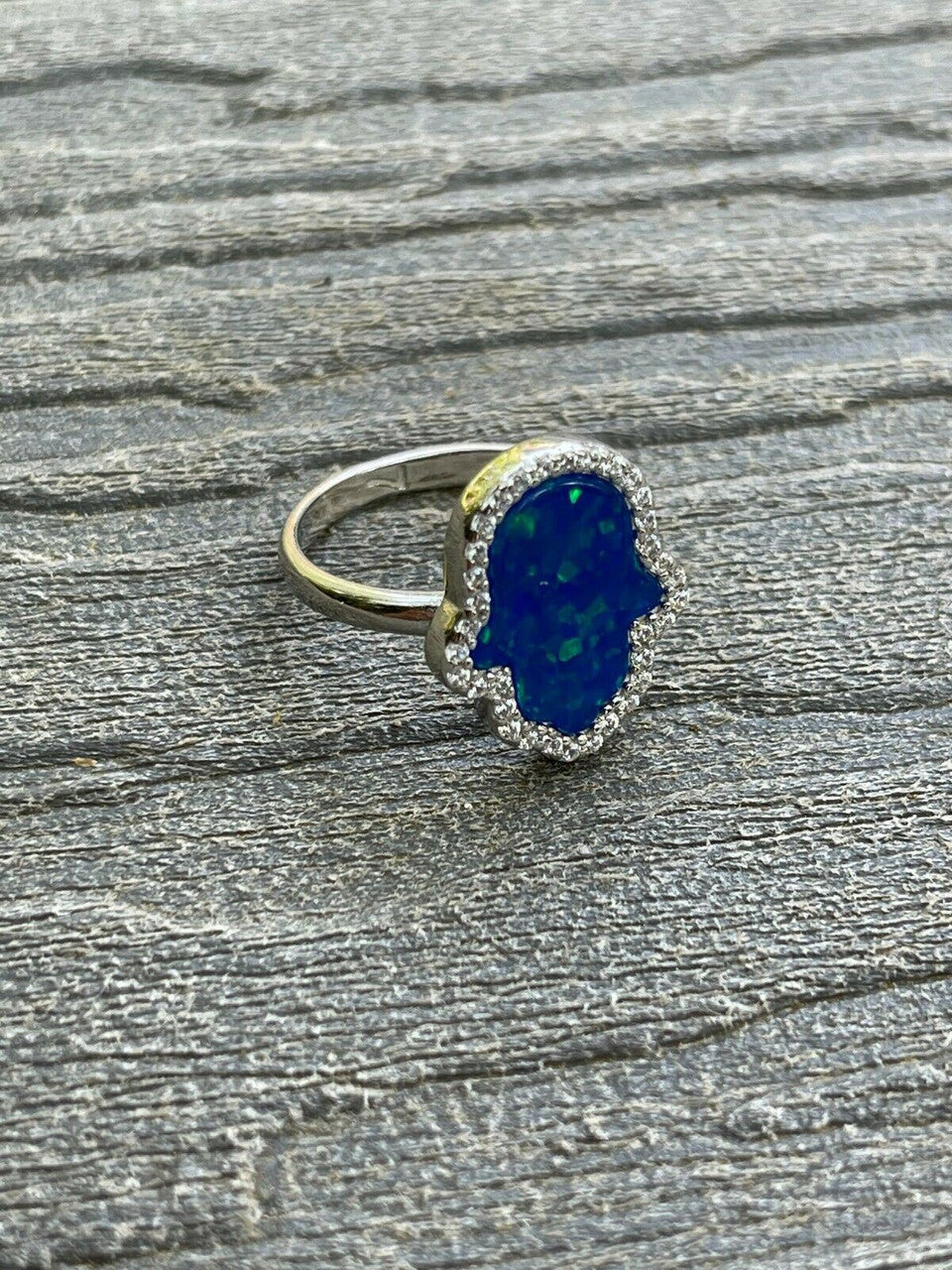 HarlemBling Real 925 Silver Hamsa Hand Of Fatima Blue Opal and Diamond Ring Girls Ladies Big