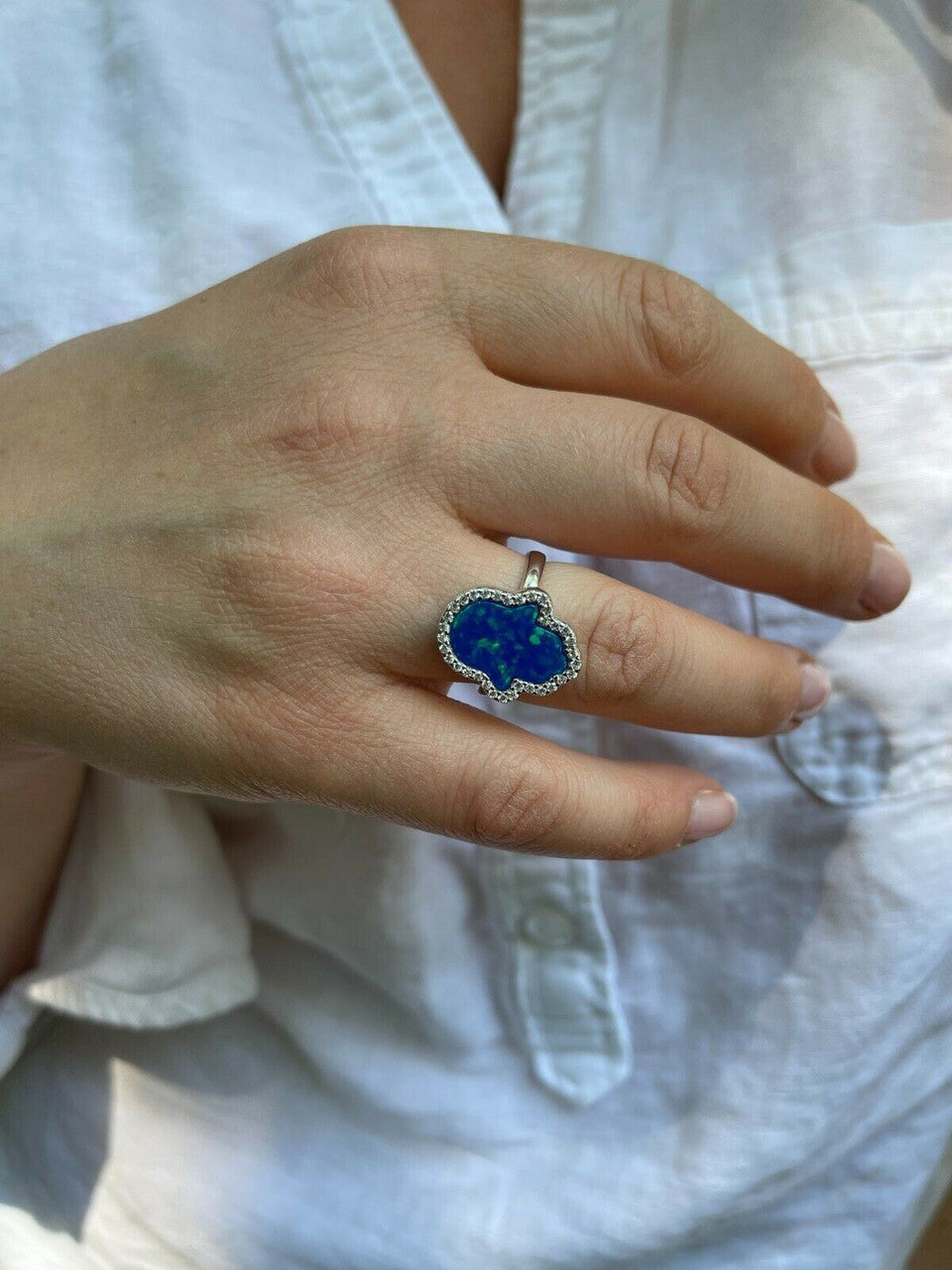 HarlemBling Real 925 Silver Hamsa Hand Of Fatima Blue Opal and Diamond Ring Girls Ladies Big