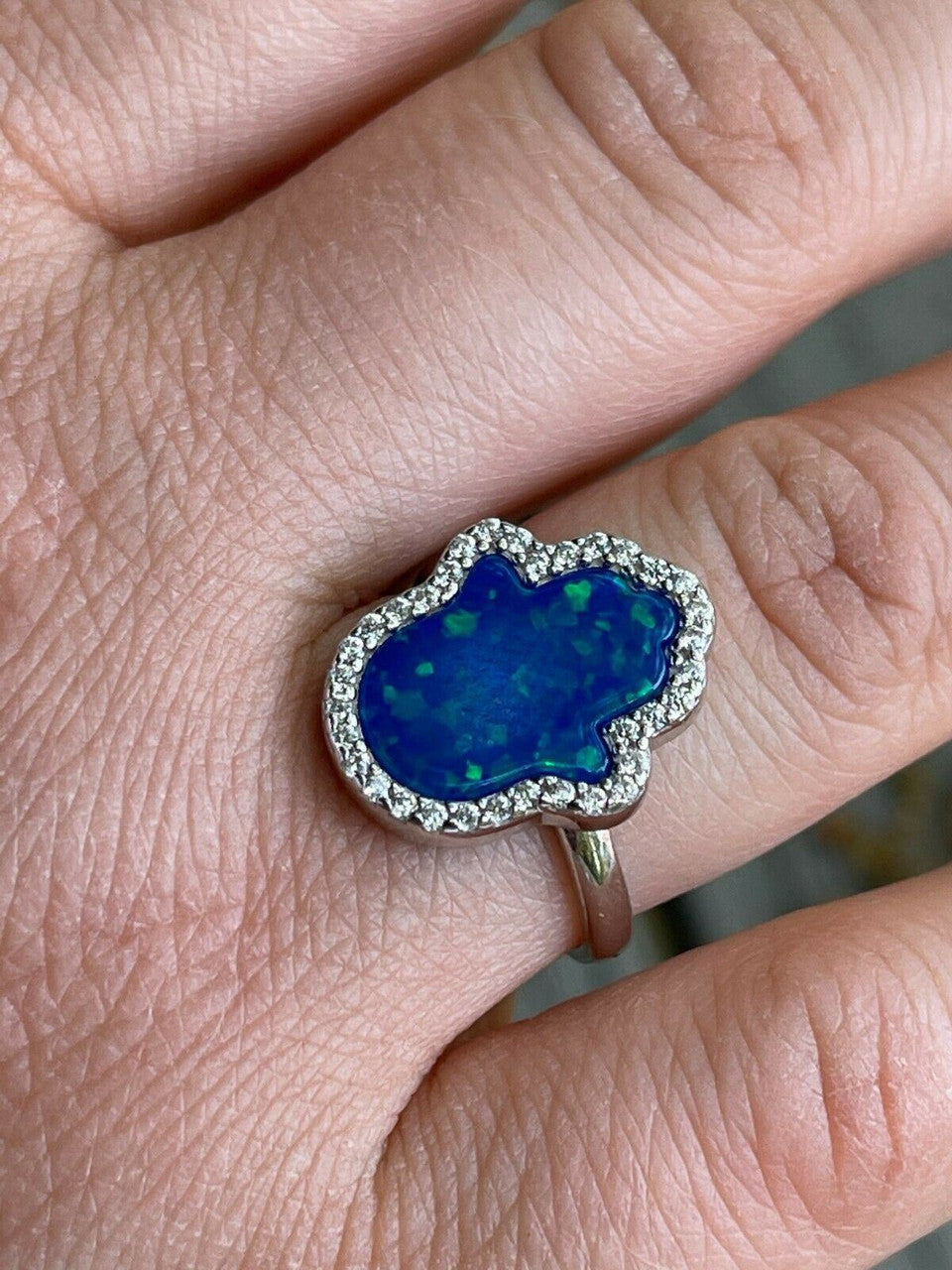 HarlemBling Real 925 Silver Hamsa Hand Of Fatima Blue Opal and Diamond Ring Girls Ladies Big