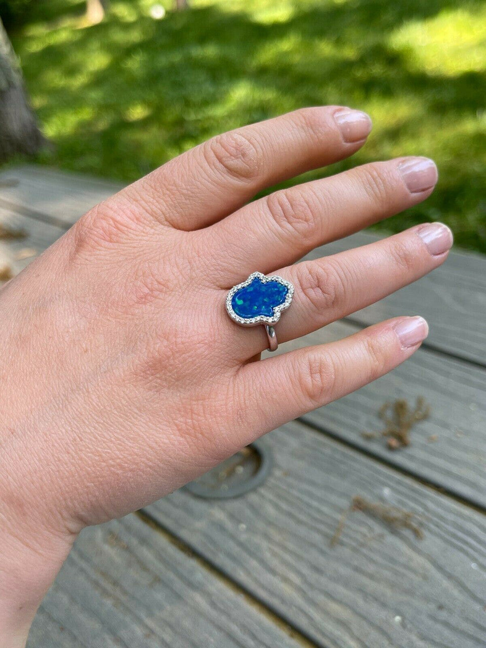 HarlemBling Real 925 Silver Hamsa Hand Of Fatima Blue Opal and Diamond Ring Girls Ladies Big
