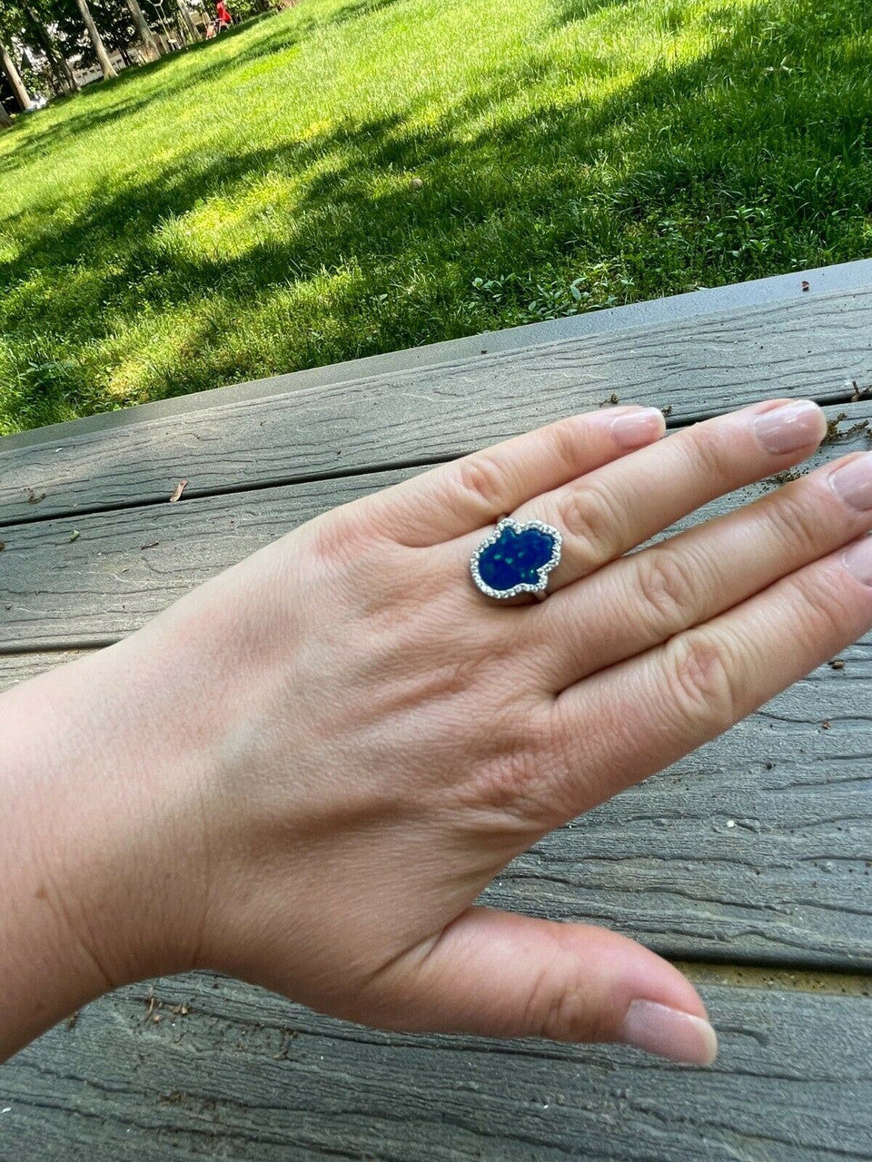 HarlemBling Real 925 Silver Hamsa Hand Of Fatima Blue Opal and Diamond Ring Girls Ladies Big