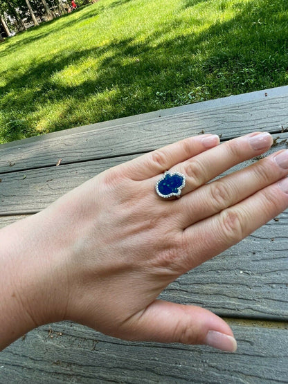 HarlemBling Real 925 Silver Hamsa Hand Of Fatima Blue Opal and Diamond Ring Girls Ladies Big