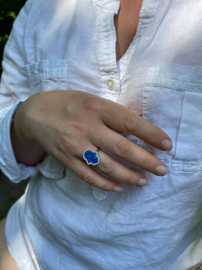 HarlemBling Real 925 Silver Hamsa Hand Of Fatima Blue Opal and Diamond Ring Girls Ladies Big