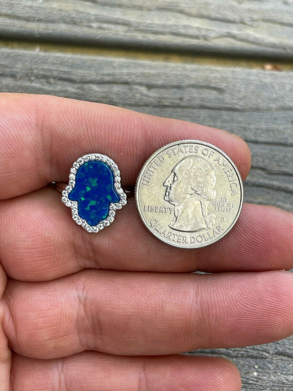 HarlemBling Real 925 Silver Hamsa Hand Of Fatima Blue Opal and Diamond Ring Girls Ladies Big