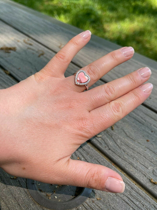 HarlemBling Real 925 Silver Heart Shaped Cocktail Promise Ring Pink Mother Of Pearl Diamonds