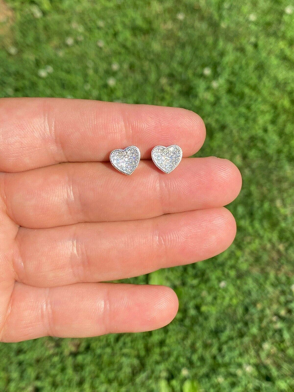 HarlemBling Real 925 Silver Heart Shaped Earrings Diamond Studs Iced Hip Hop Screw Backs