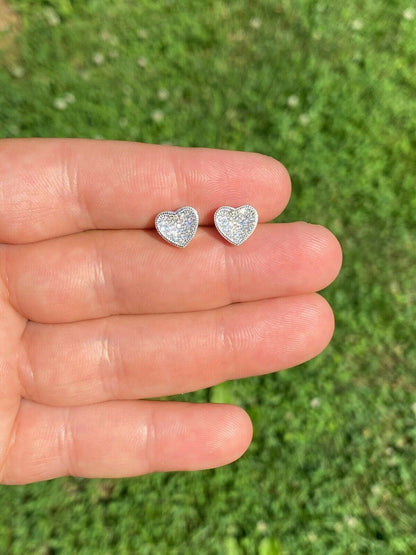 HarlemBling Real 925 Silver Heart Shaped Earrings Diamond Studs Iced Hip Hop Screw Backs