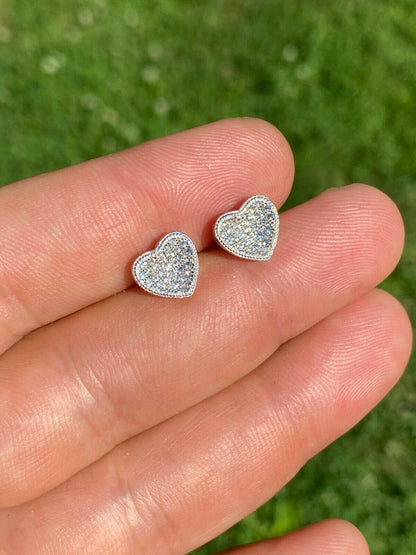 HarlemBling Real 925 Silver Heart Shaped Earrings Diamond Studs Iced Hip Hop Screw Backs