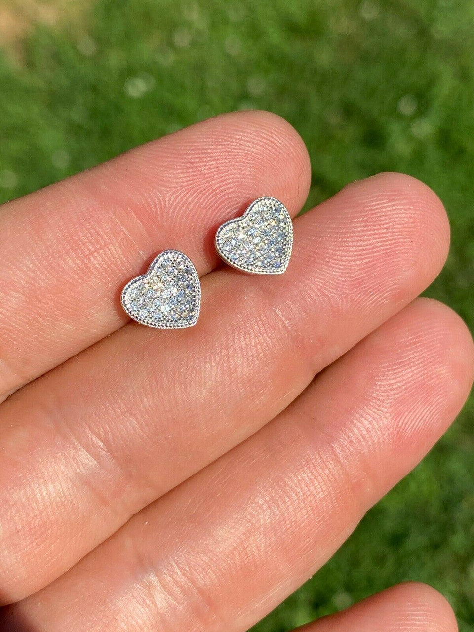 HarlemBling Real 925 Silver Heart Shaped Earrings Diamond Studs Iced Hip Hop Screw Backs