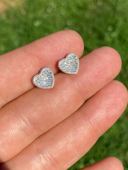 HarlemBling Real 925 Silver Heart Shaped Earrings Diamond Studs Iced Hip Hop Screw Backs