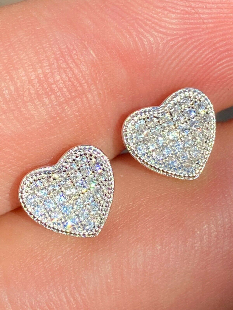 HarlemBling Real 925 Silver Heart Shaped Earrings Diamond Studs Iced Hip Hop Screw Backs
