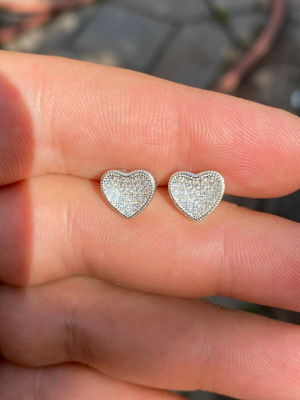 HarlemBling Real 925 Silver Heart Shaped Earrings Diamond Studs Iced Hip Hop Screw Backs