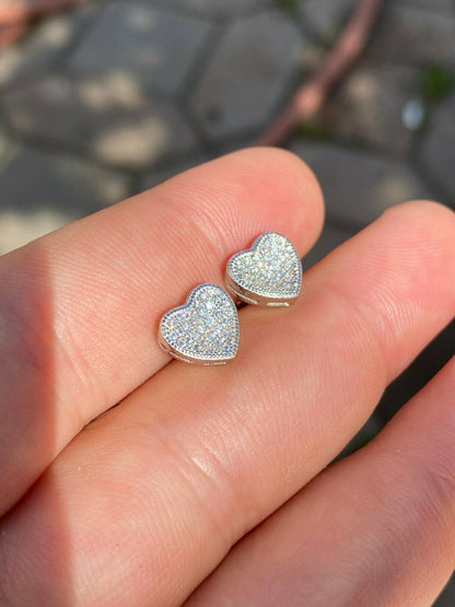 HarlemBling Real 925 Silver Heart Shaped Earrings Diamond Studs Iced Hip Hop Screw Backs