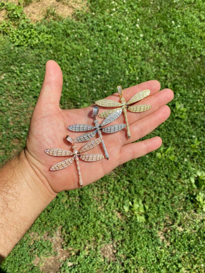 HarlemBling Real 925 Silver Hip Hop Dragonfly Piece Ladies Iced Gold Or Rose Necklace BIG