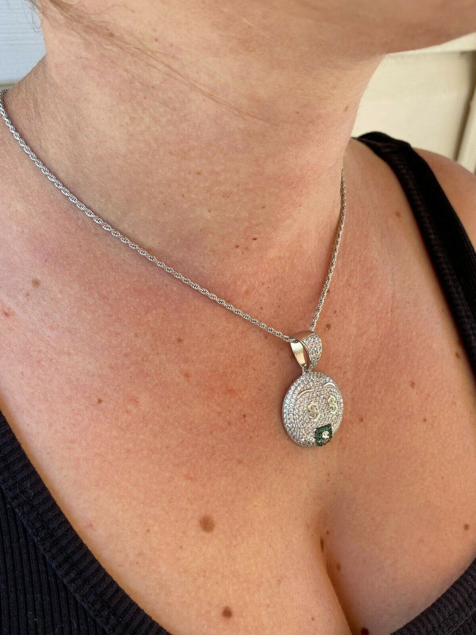 HarlemBling Real 925 Silver Hip Hop Pendant Necklace Iced Emoji Money Mouth Rich Money