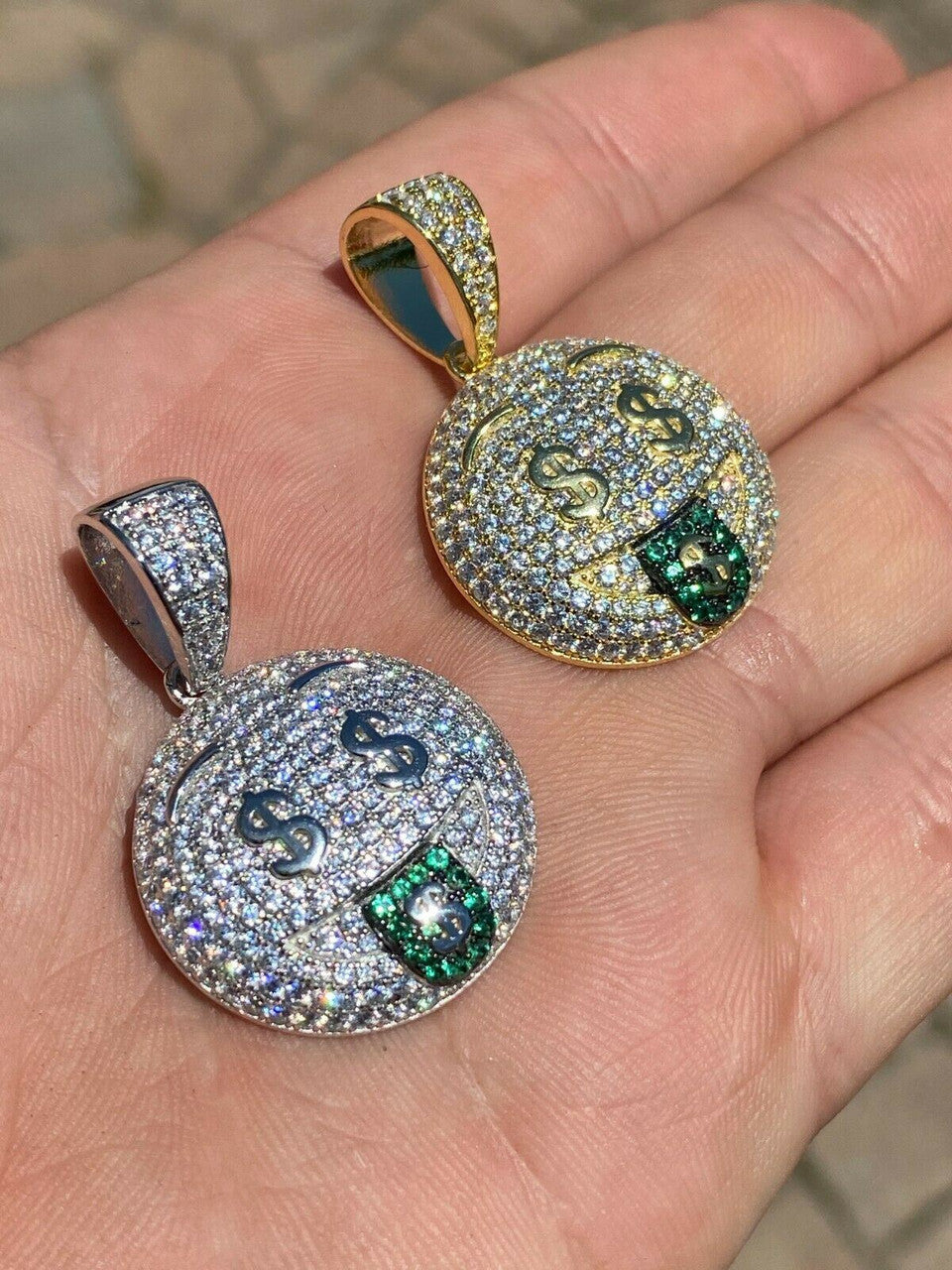 HarlemBling Real 925 Silver Hip Hop Pendant Necklace Iced Emoji Money Mouth Rich Money