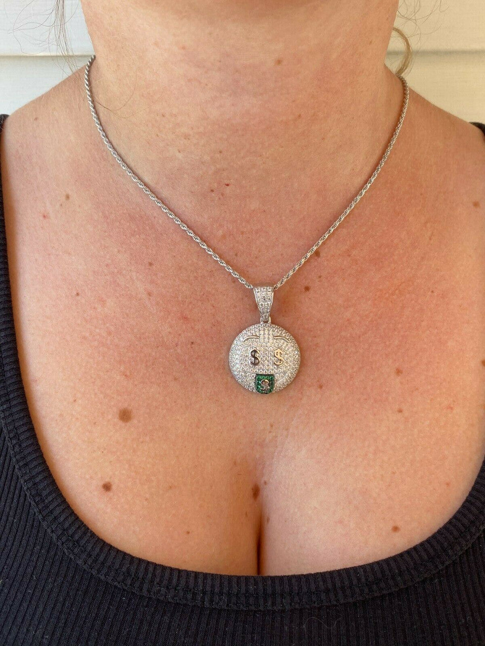 HarlemBling Real 925 Silver Hip Hop Pendant Necklace Iced Emoji Money Mouth Rich Money
