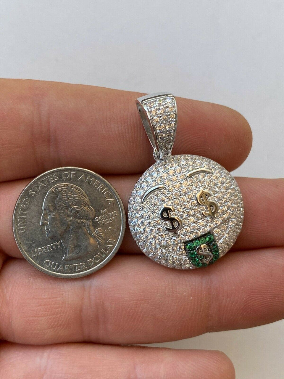 HarlemBling Real 925 Silver Hip Hop Pendant Necklace Iced Emoji Money Mouth Rich Money
