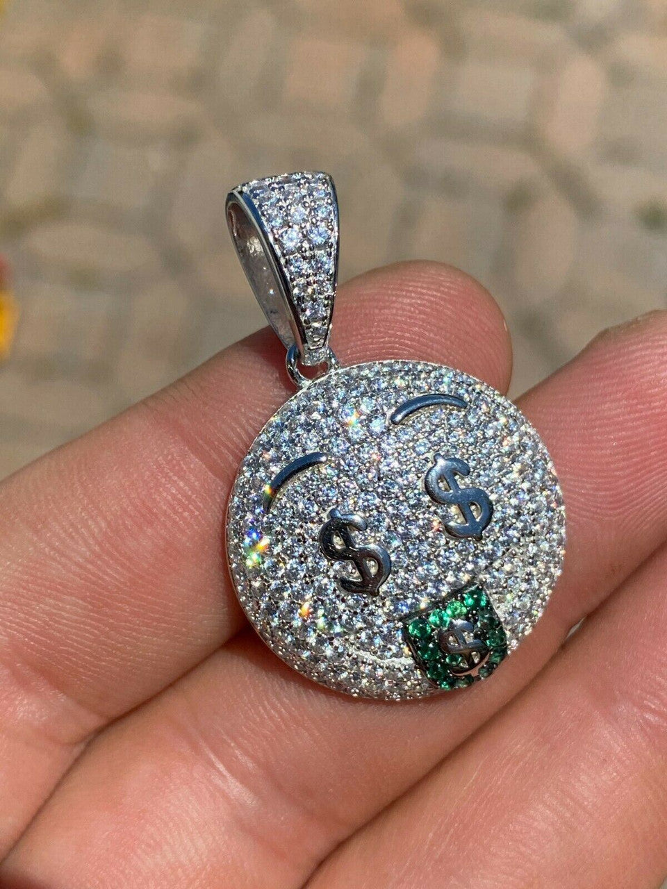 HarlemBling Real 925 Silver Hip Hop Pendant Necklace Iced Emoji Money Mouth Rich Money