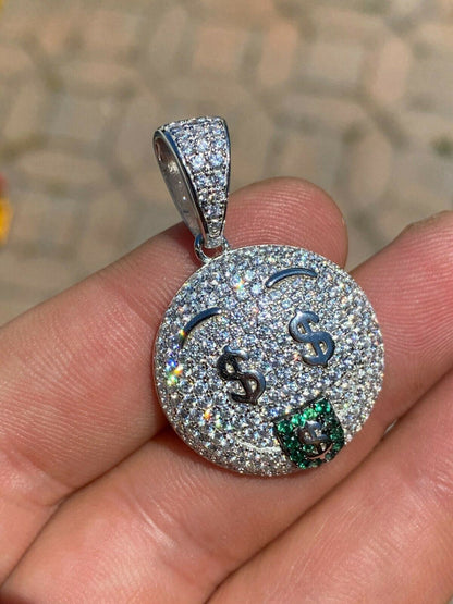 HarlemBling Real 925 Silver Hip Hop Pendant Necklace Iced Emoji Money Mouth Rich Money