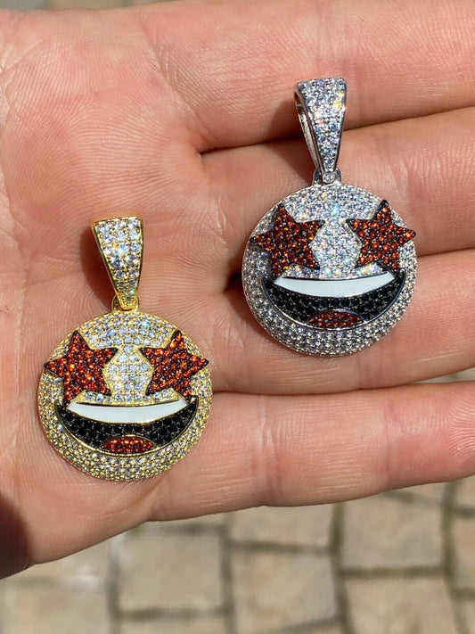 HarlemBling Real 925 Silver Hip Hop Star Struck Emoji Pendant Necklace Iced