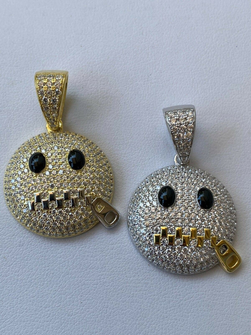 Real 925 Silver HipHop Zipper Mouth Emoji Pendant Necklace Iced