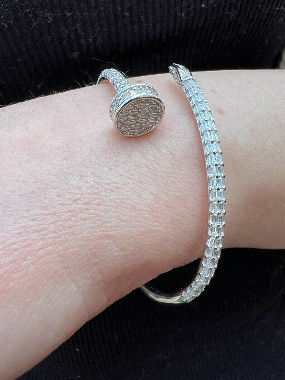 HarlemBling Real 925 Silver Iced Baguette Diamond Nail Bangle Bracelet 6-7.5 Mens Ladies