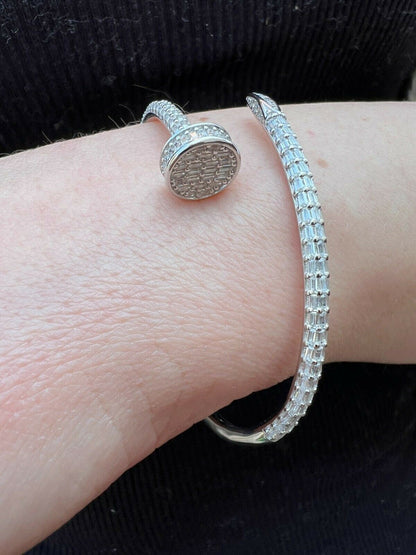 HarlemBling Real 925 Silver Iced Baguette Diamond Nail Bangle Bracelet 6-7.5 Mens Ladies