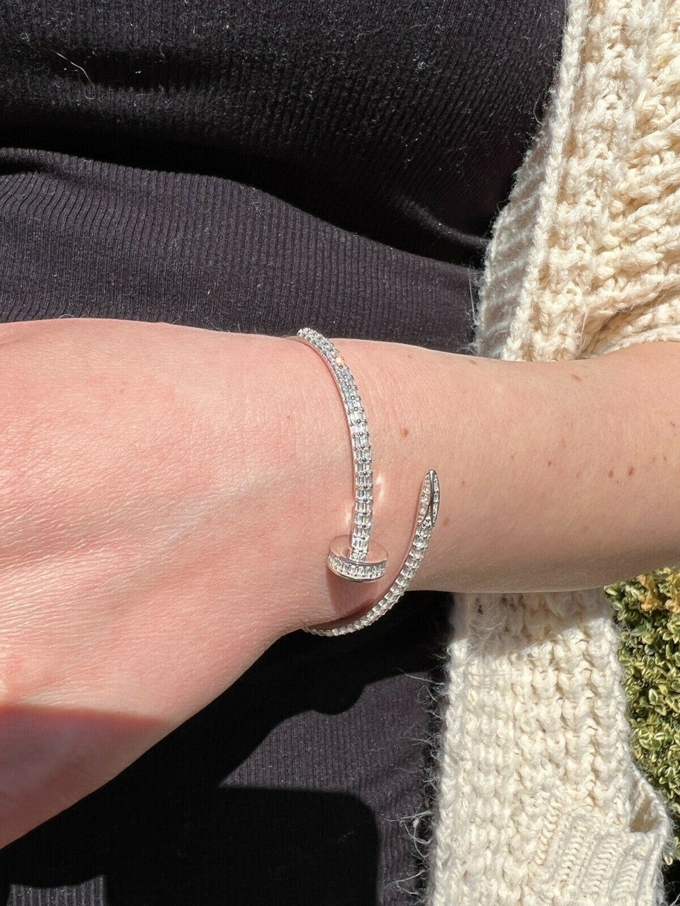 HarlemBling Real 925 Silver Iced Baguette Diamond Nail Bangle Bracelet 6-7.5 Mens Ladies