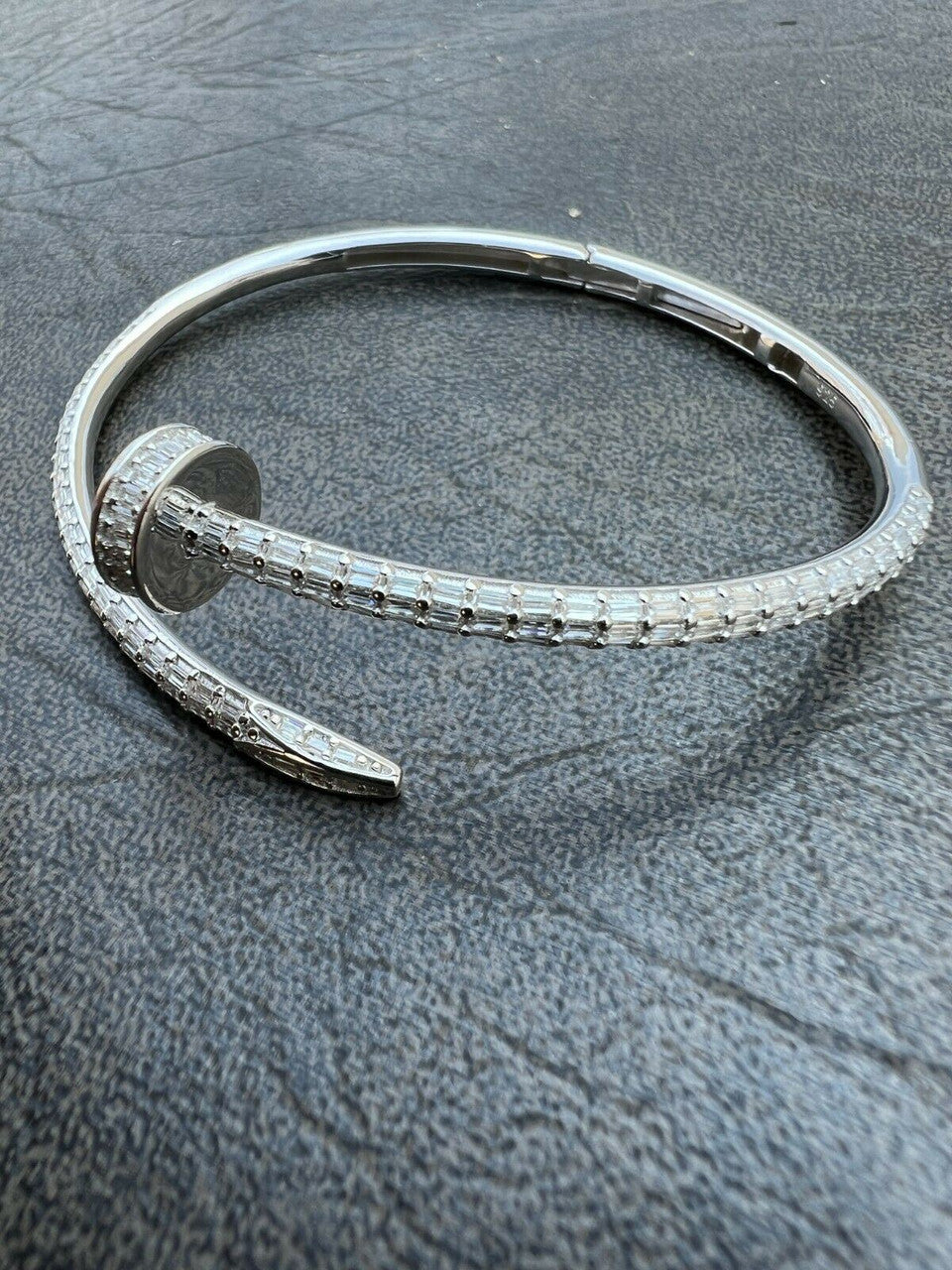 HarlemBling Real 925 Silver Iced Baguette Diamond Nail Bangle Bracelet 6-7.5 Mens Ladies