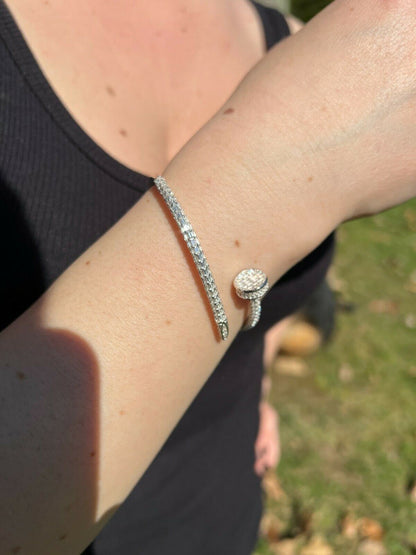 HarlemBling Real 925 Silver Iced Baguette Diamond Nail Bangle Bracelet 6-7.5 Mens Ladies