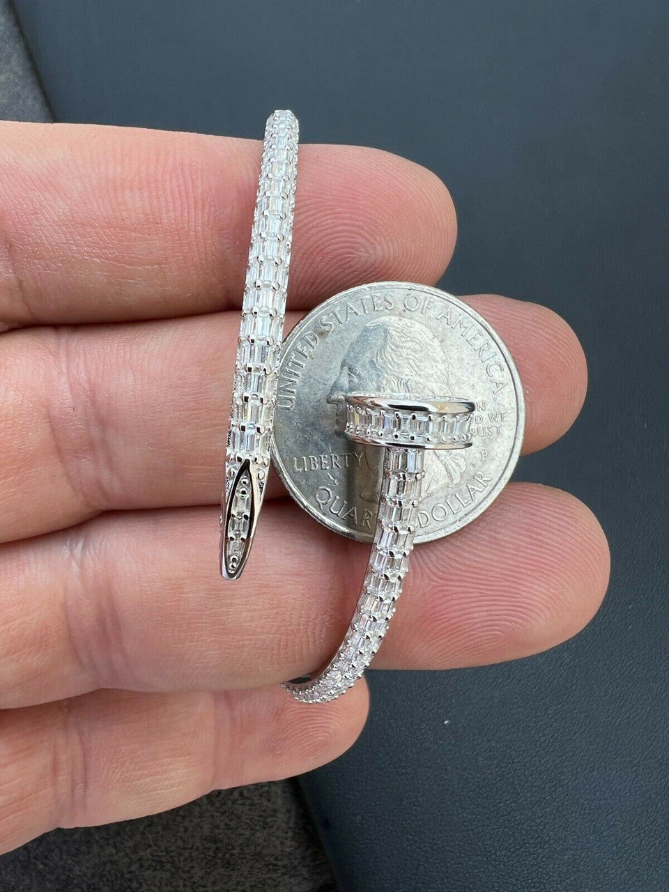 HarlemBling Real 925 Silver Iced Baguette Diamond Nail Bangle Bracelet 6-7.5 Mens Ladies