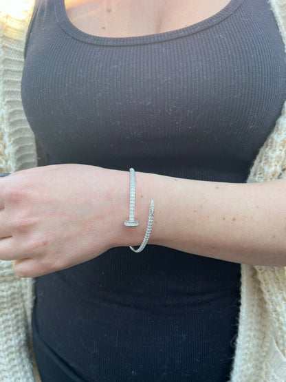 HarlemBling Real 925 Silver Iced Baguette Diamond Nail Bangle Bracelet 6-7.5 Mens Ladies