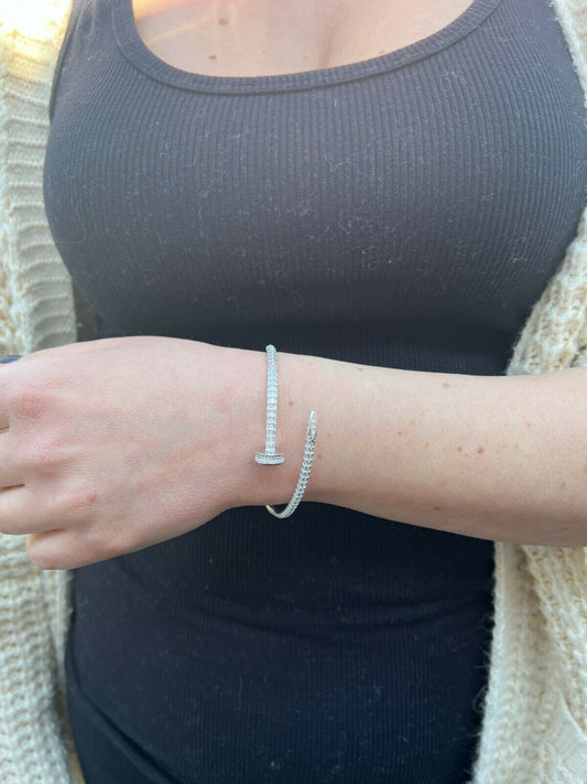 HarlemBling Real 925 Silver Iced Baguette Diamond Nail Bangle Bracelet 6-7.5 Mens Ladies