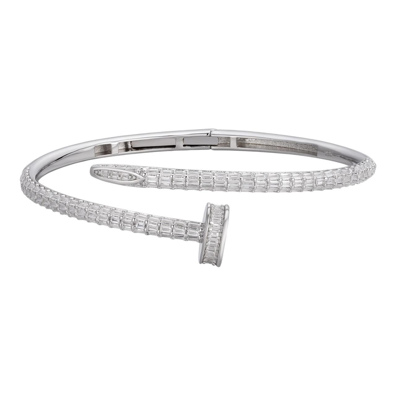 HarlemBling Real 925 Silver Iced Baguette Diamond Nail Bangle Bracelet 6-7.5" Mens Ladies