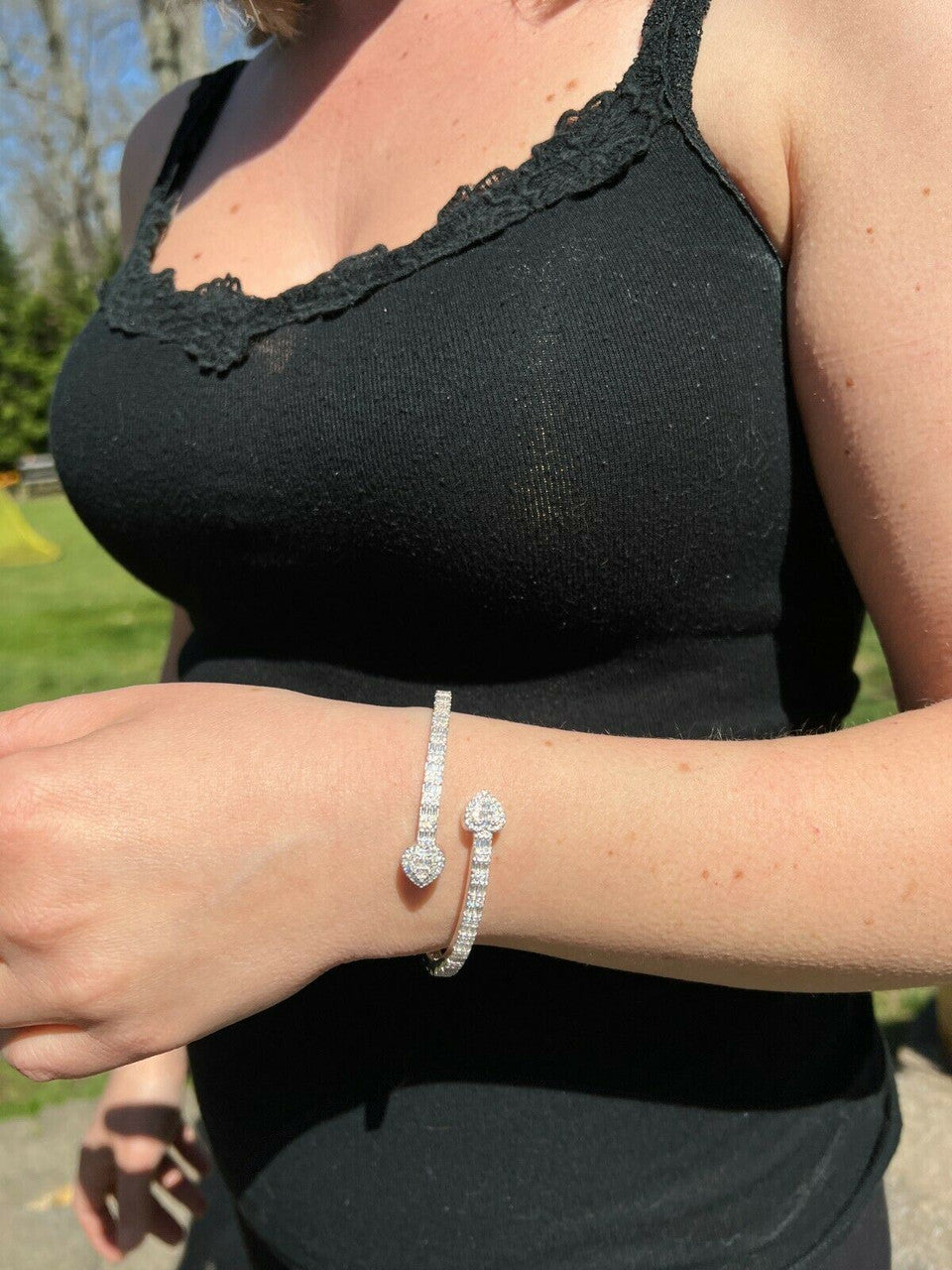 HarlemBling Real 925 Silver Iced Baguette Heart Bangle Cuff Bracelet 6-7.5 Man Made Diamond