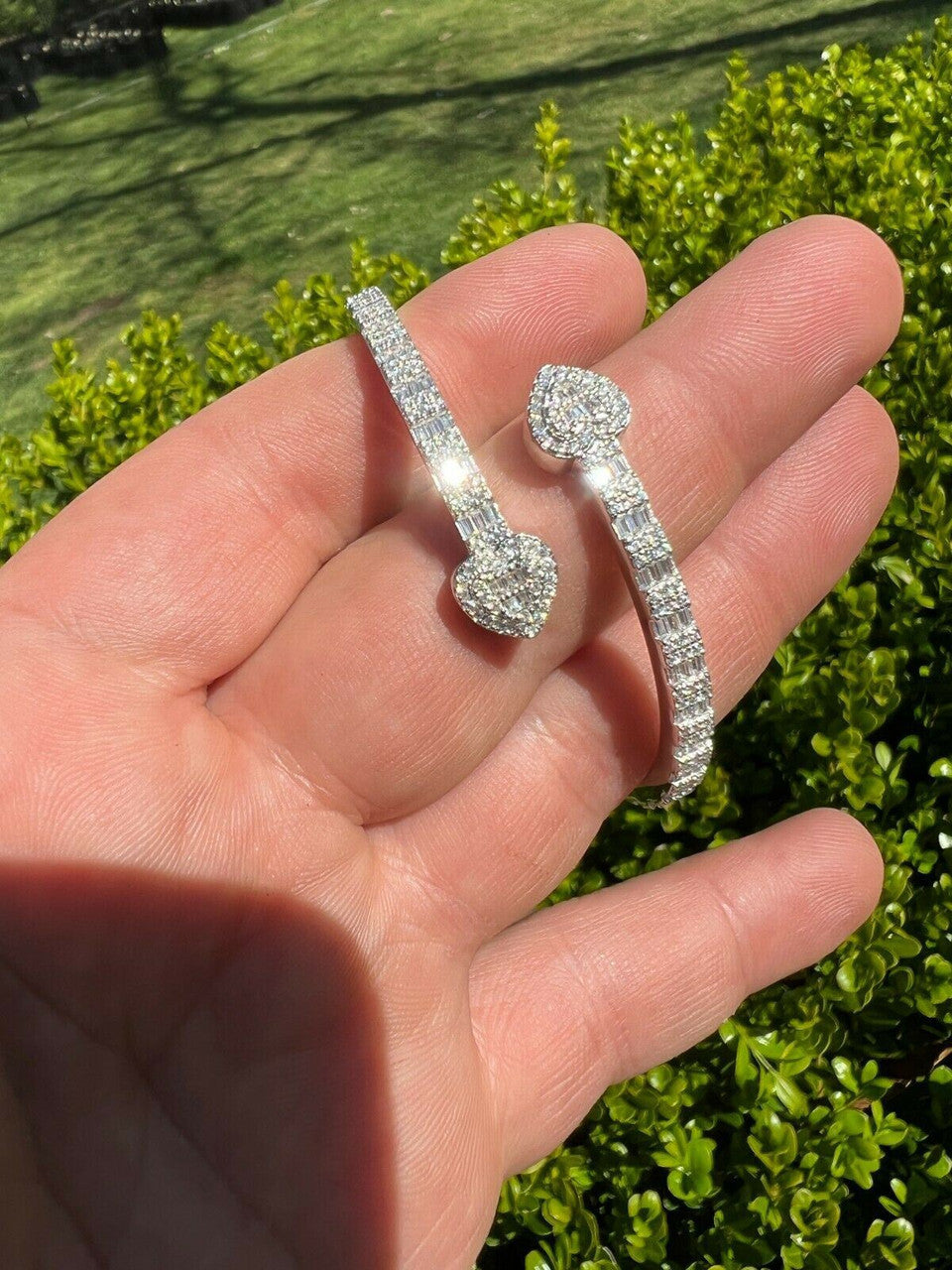 HarlemBling Real 925 Silver Iced Baguette Heart Bangle Cuff Bracelet 6-7.5 Man Made Diamond